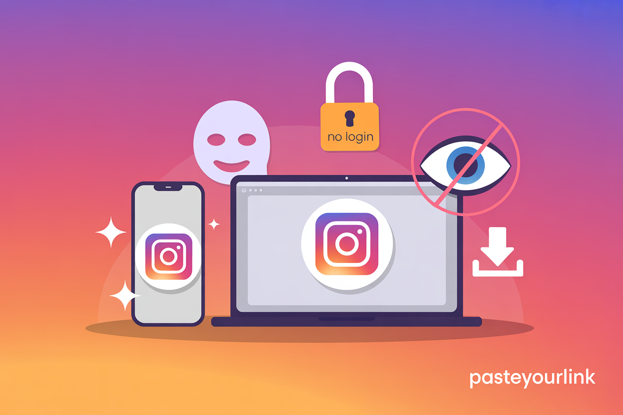 Viewing and saving a public Instagram Story anonymously with no login on a phone and laptop