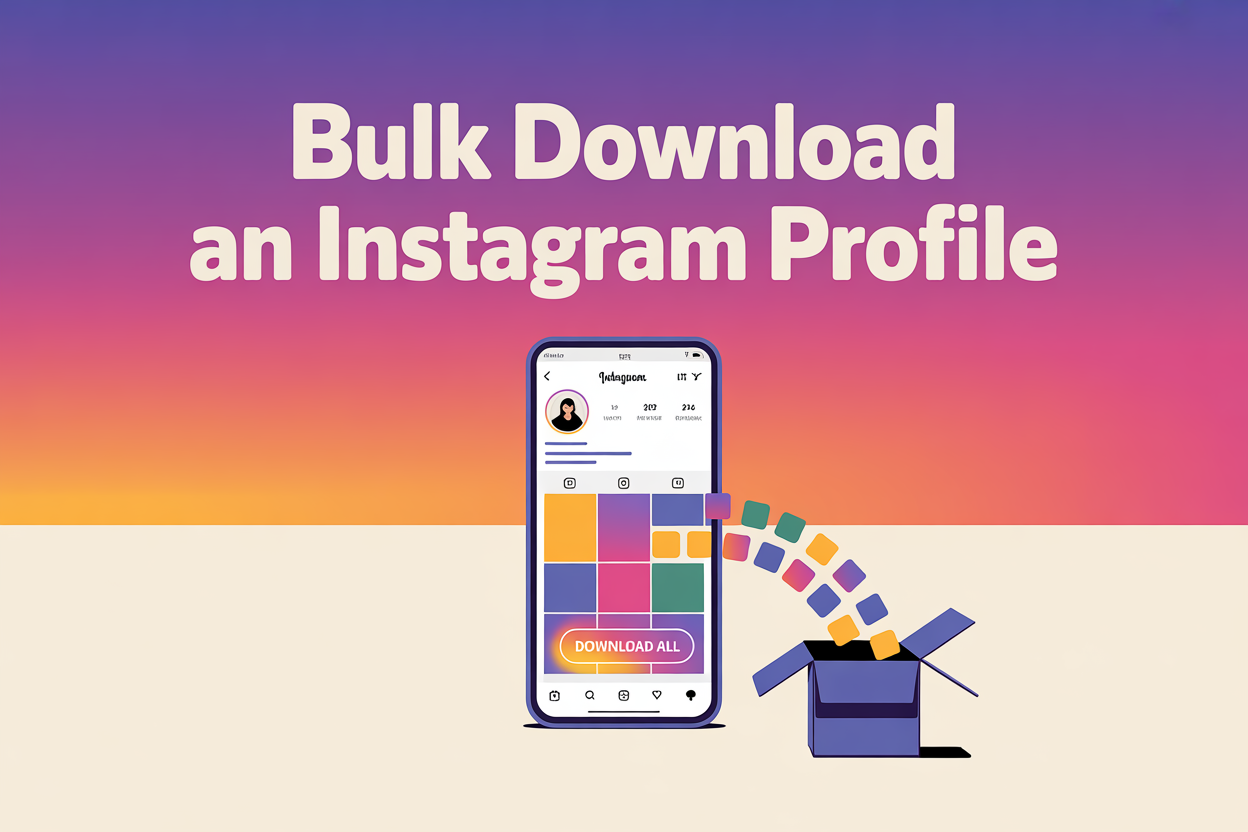 Bulk download an entire Instagram profile, with a phone showing a profile grid saving every post at once