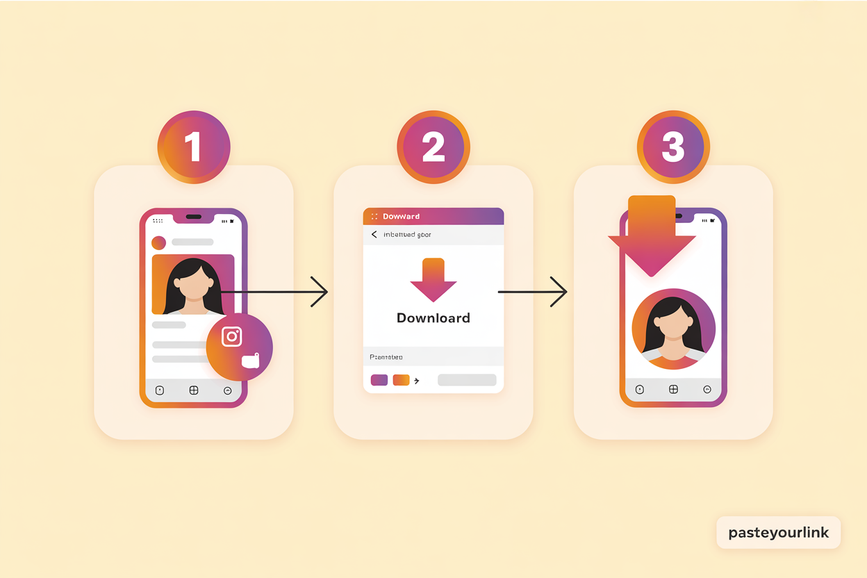 Three steps to download an Instagram profile picture in full size: copy the profile link, paste it into the downloader, and tap download